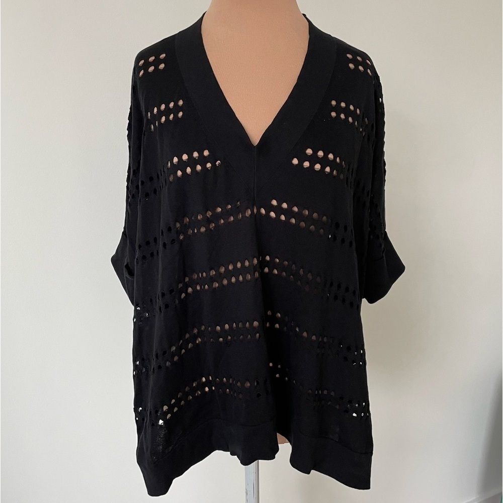 Cotton by Autumn Cashmere Black Cut Out Knit Cool Relaxed V Neck Sweater EUC S